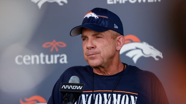 Denver Broncos head coach Sean Payton dresses the media after training camp at Centura Health Training Center
